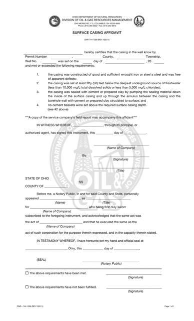 Form DNR744-1009 Surface Casing Affidavit - Ohio