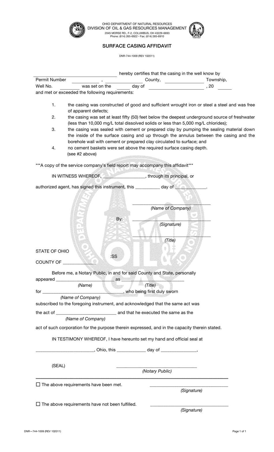 Form DNR744-1009 Surface Casing Affidavit - Ohio, Page 1