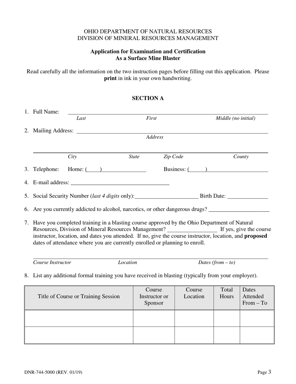 Form DNR-744-5000 Application for Examination and Certification as a Surface Mine Blaster - Ohio, Page 3
