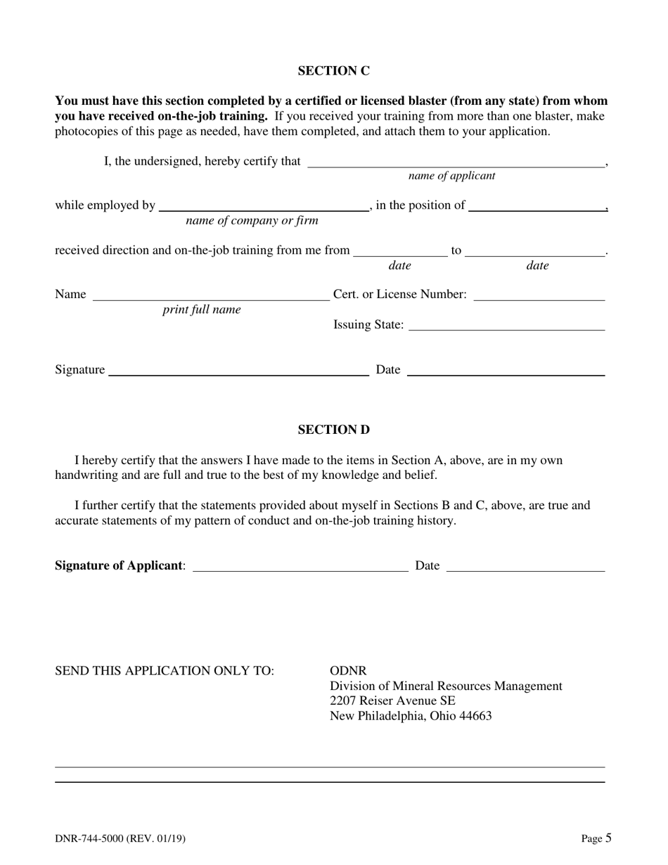 Form DNR-744-5000 Application for Examination and Certification as a Surface Mine Blaster - Ohio, Page 5