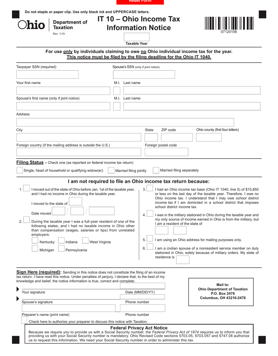 Form IT10 Fill Out, Sign Online and Download Fillable PDF, Ohio