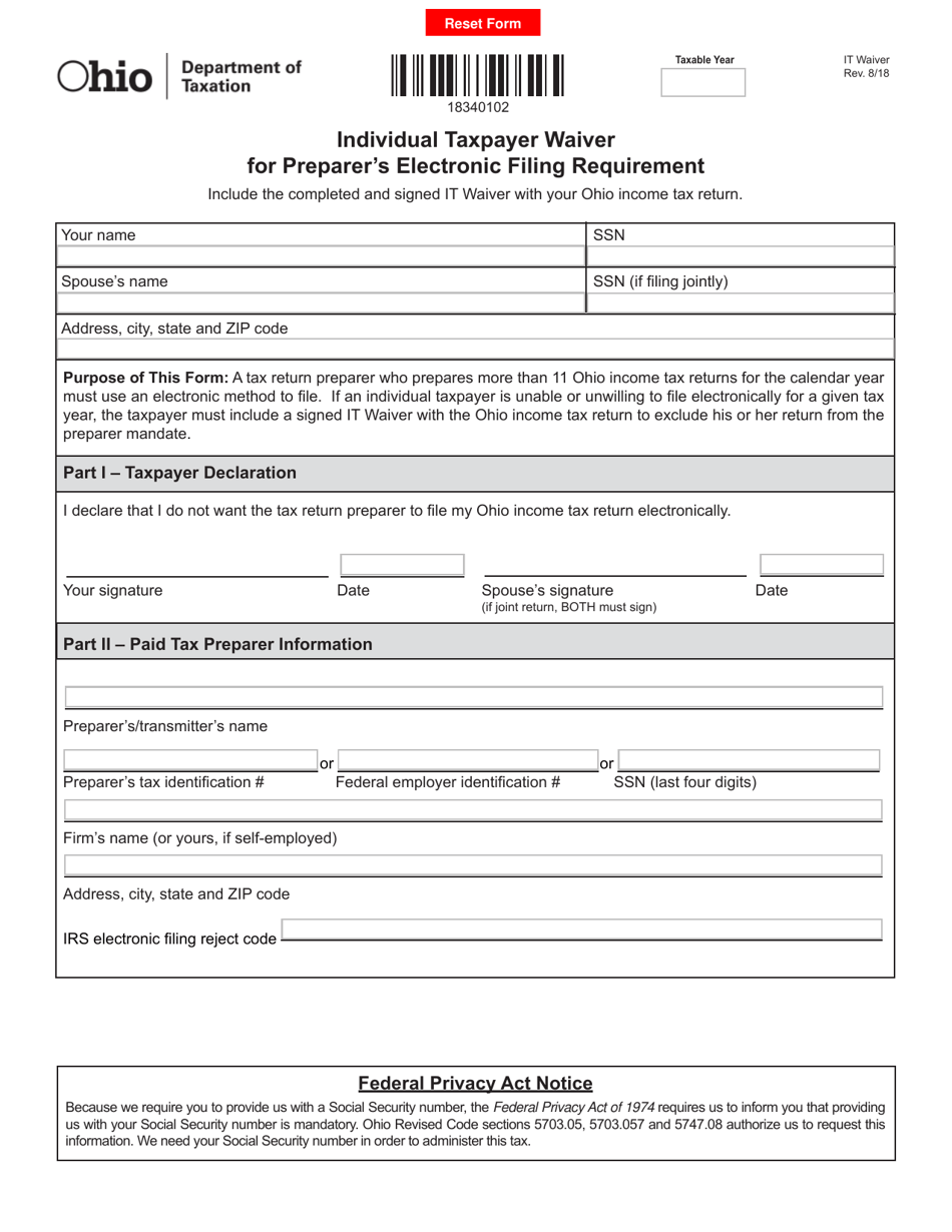 Form IT WAIVER Individual Taxpayer Waiver for Preparers Electronic Filing Requirement - Ohio, Page 1