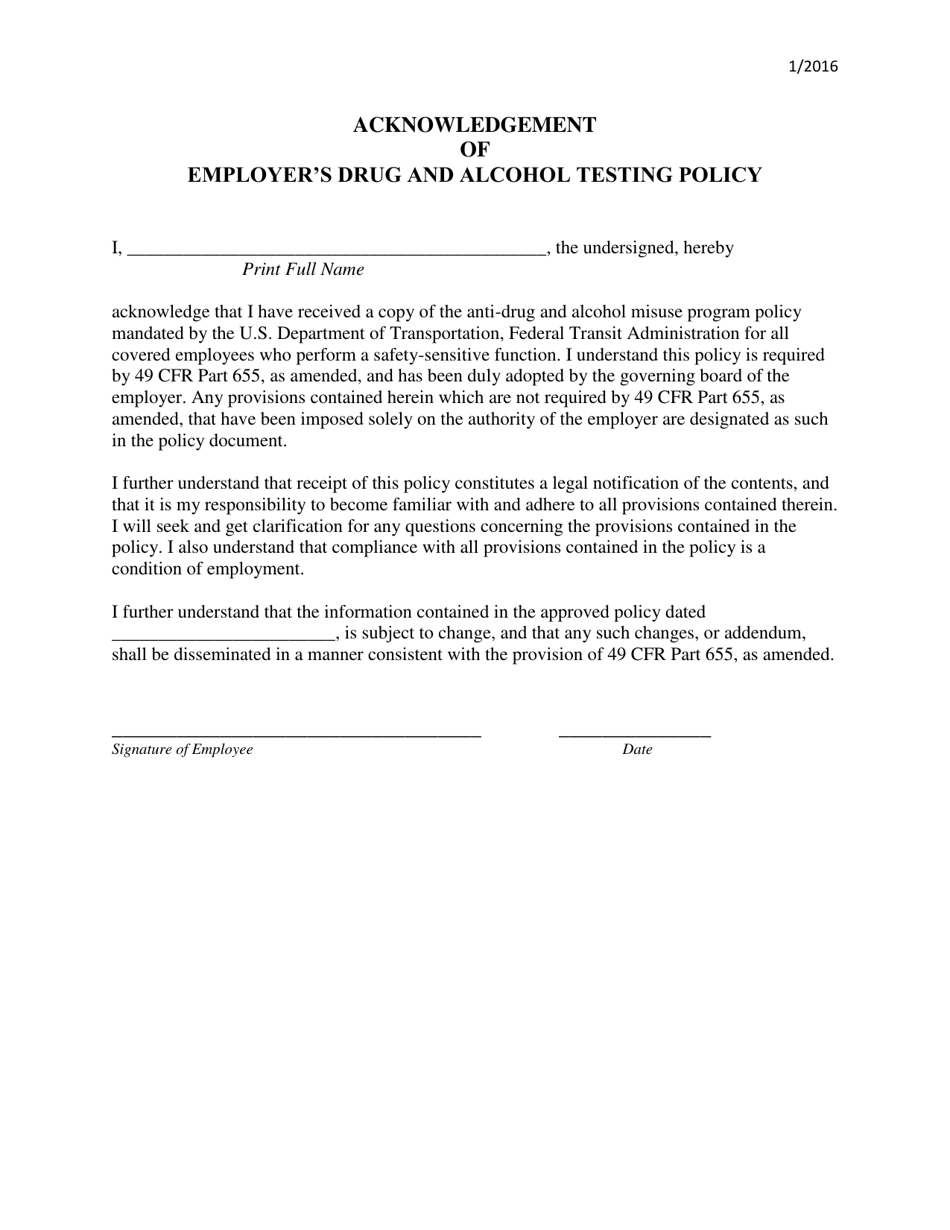 Ohio Acknowledgement of Employer's Drug and Alcohol Testing Policy