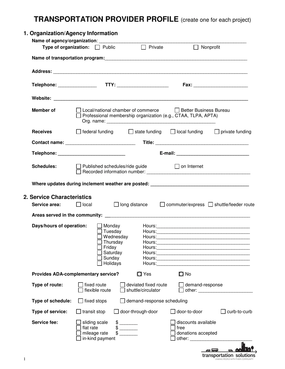 Transportation Provider Profile Form - Ohio, Page 1