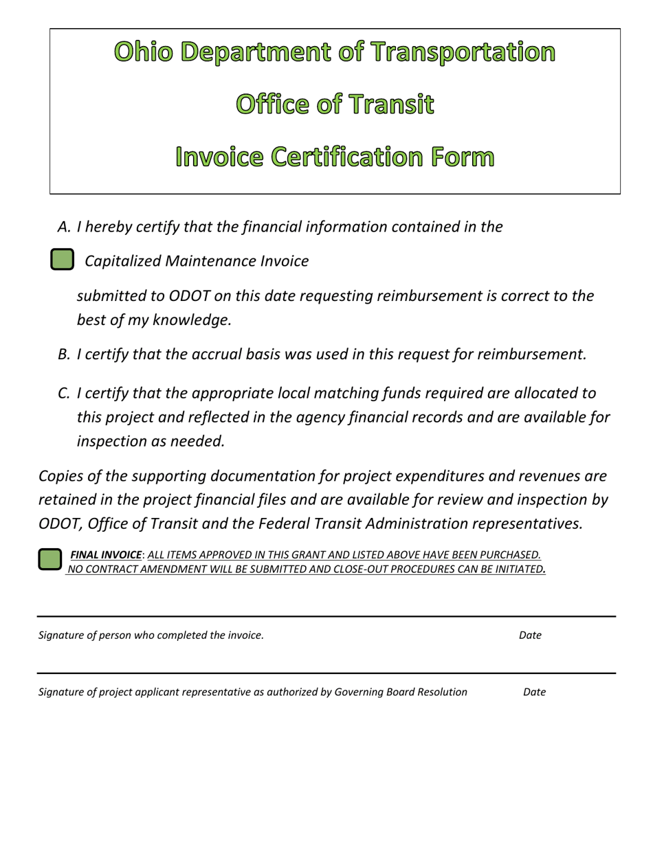 Invoice Certification Form - Ohio, Page 1