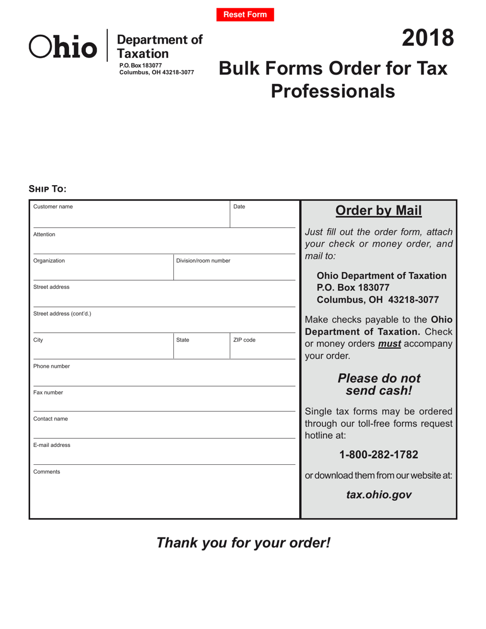 2018 Ohio Bulk Forms Order for Tax Professionals Fill Out, Sign