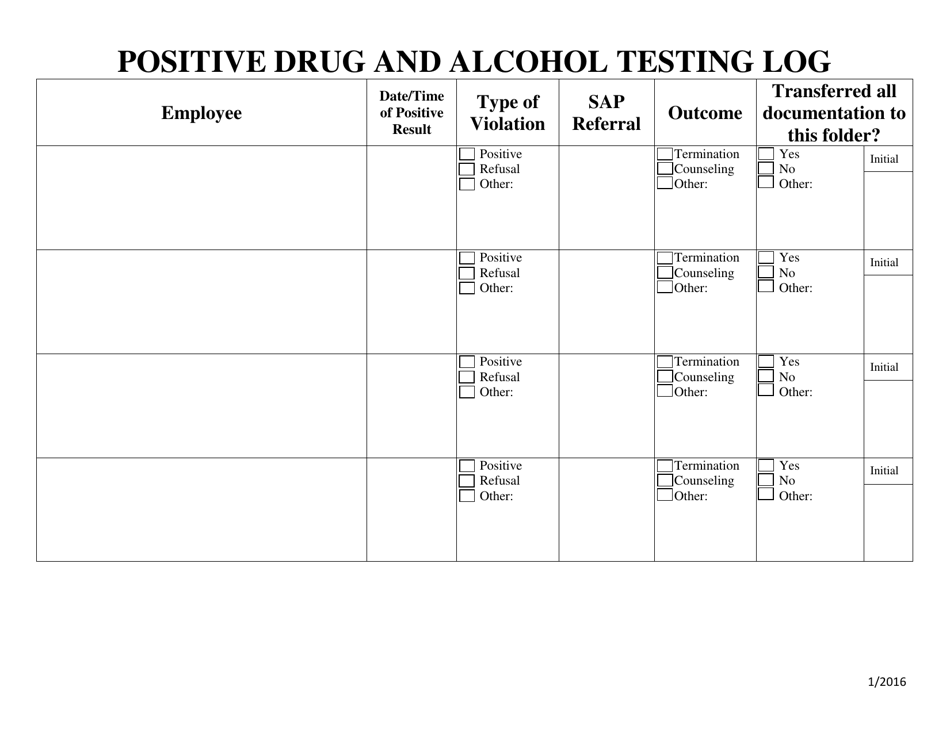 Positive Drug and Alcohol Testing Log - Ohio, Page 1