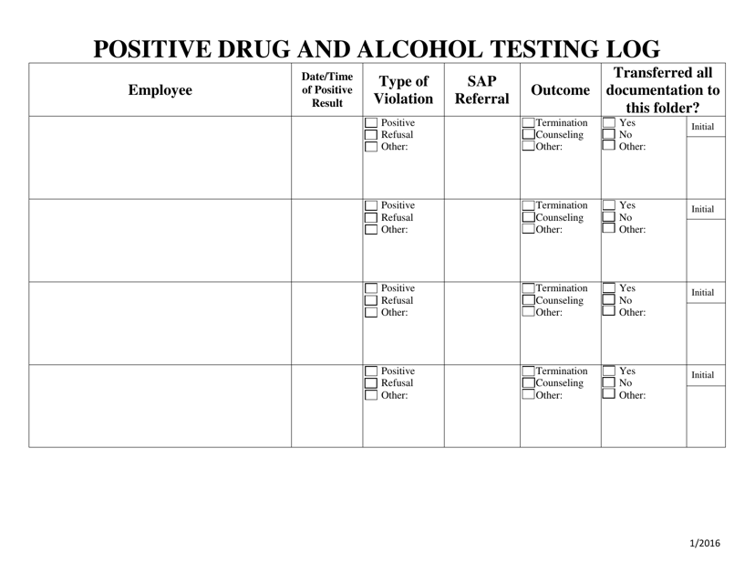 Positive Drug and Alcohol Testing Log - Ohio