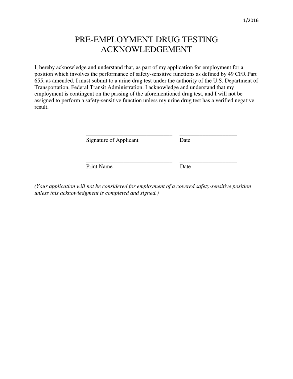Pre-employment Drug Testing Acknowledgement Form - Ohio, Page 1