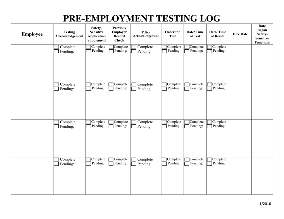 Pre-employment Testing Log - Ohio, Page 1