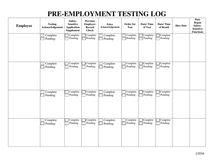 Pre-employment Testing Log - Ohio
