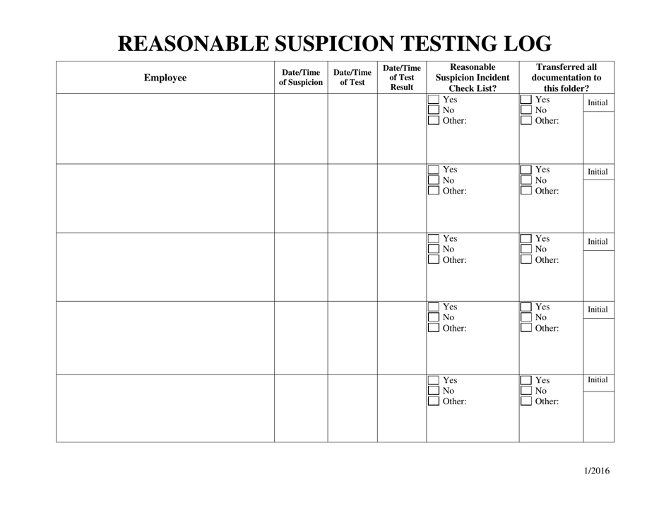 Reasonable Suspicion Testing Log - Ohio, Page 1