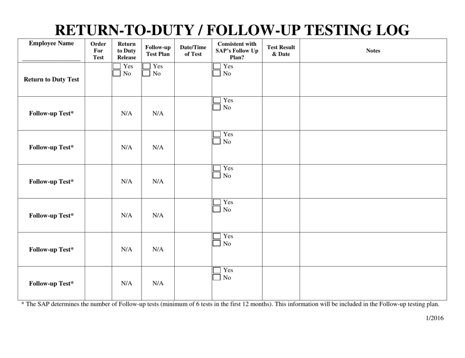Return-To-Duty/Follow-Up Testing Log - Ohio, Page 1