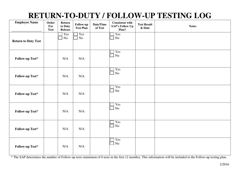 Return-To-Duty/Follow-Up Testing Log - Ohio