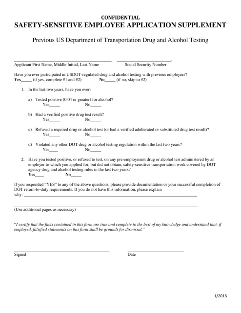 Safety-Sensitive Employee Application Supplement - Ohio Download Pdf