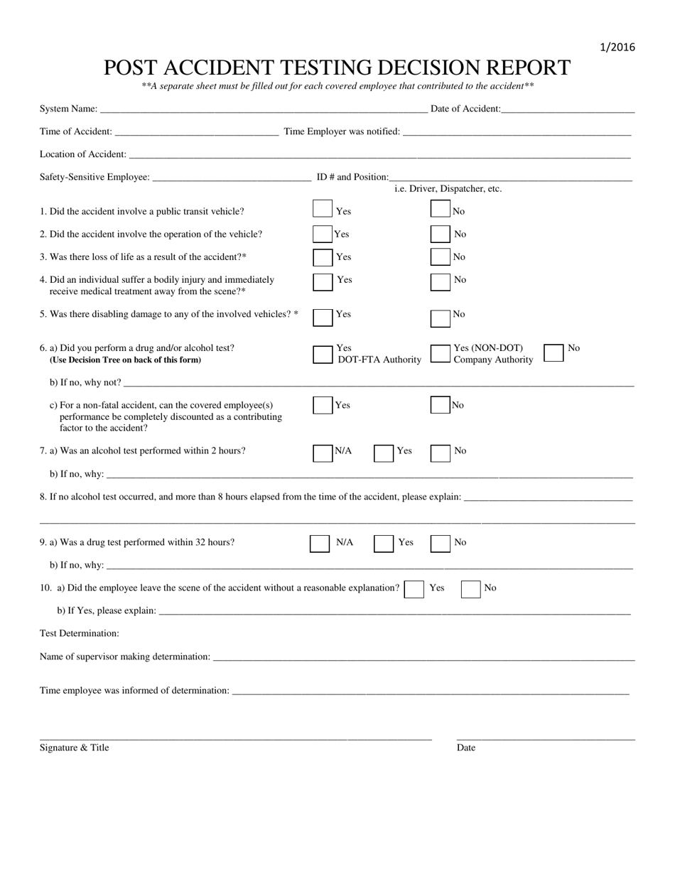 Post Accident Testing Decision Report Form - Ohio, Page 1