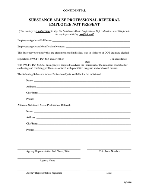 Substance Abuse Professional Referral Form - Employee Not Present - Ohio