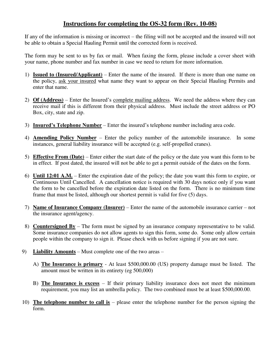 Instructions for Form OS-32 Endorsement to Liability Insurance Policy for Vehicles Operating With a Special Hauling Permit Issued by the Ohio Department of Transportation - Ohio, Page 1