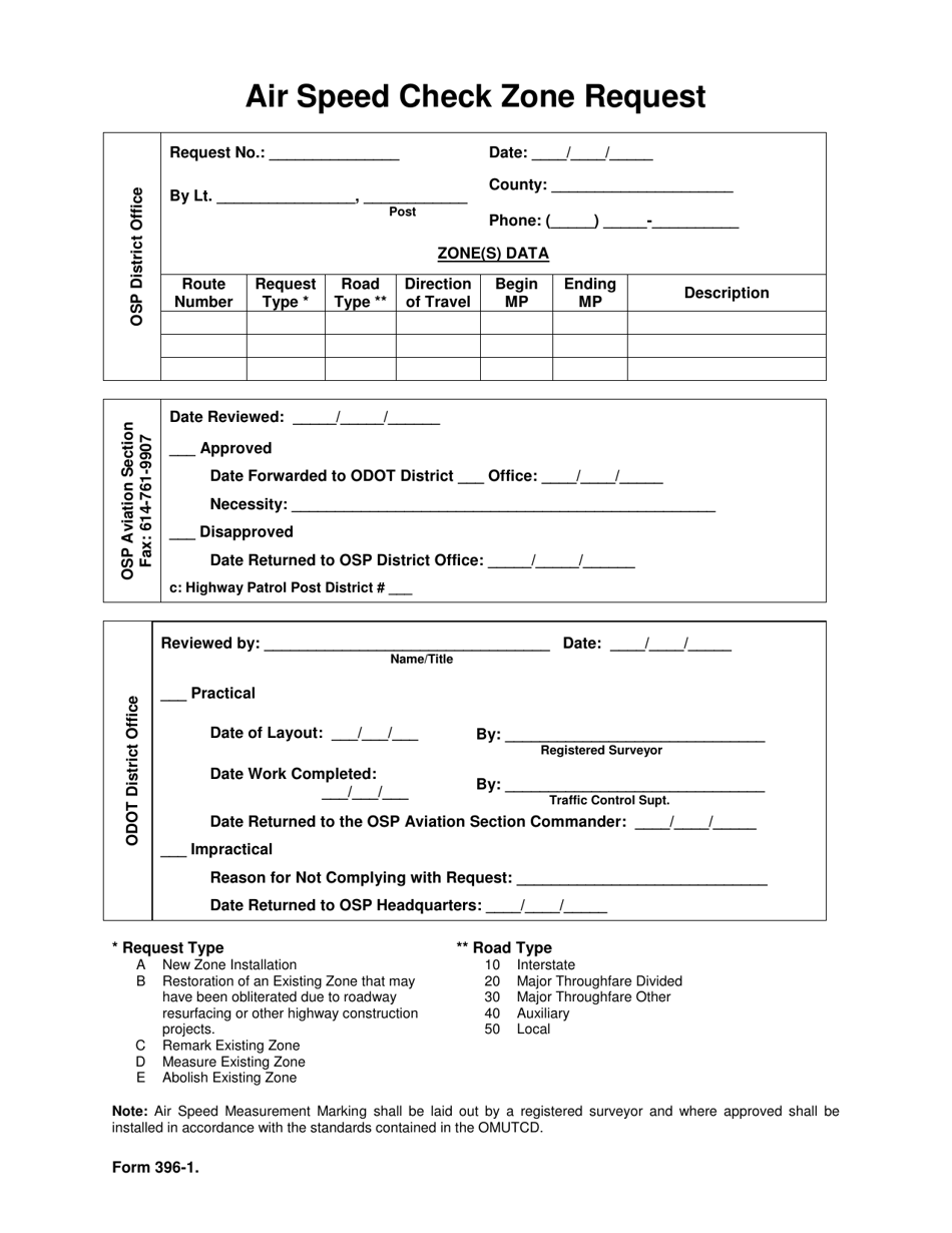 Form 396-1 Air Speed Check Zone Request - Ohio, Page 1