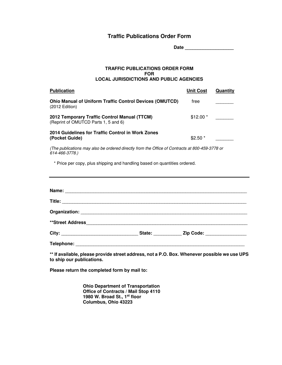Traffic Publications Order Form for Local Jurisdictions and Public Agencies - Ohio, Page 1