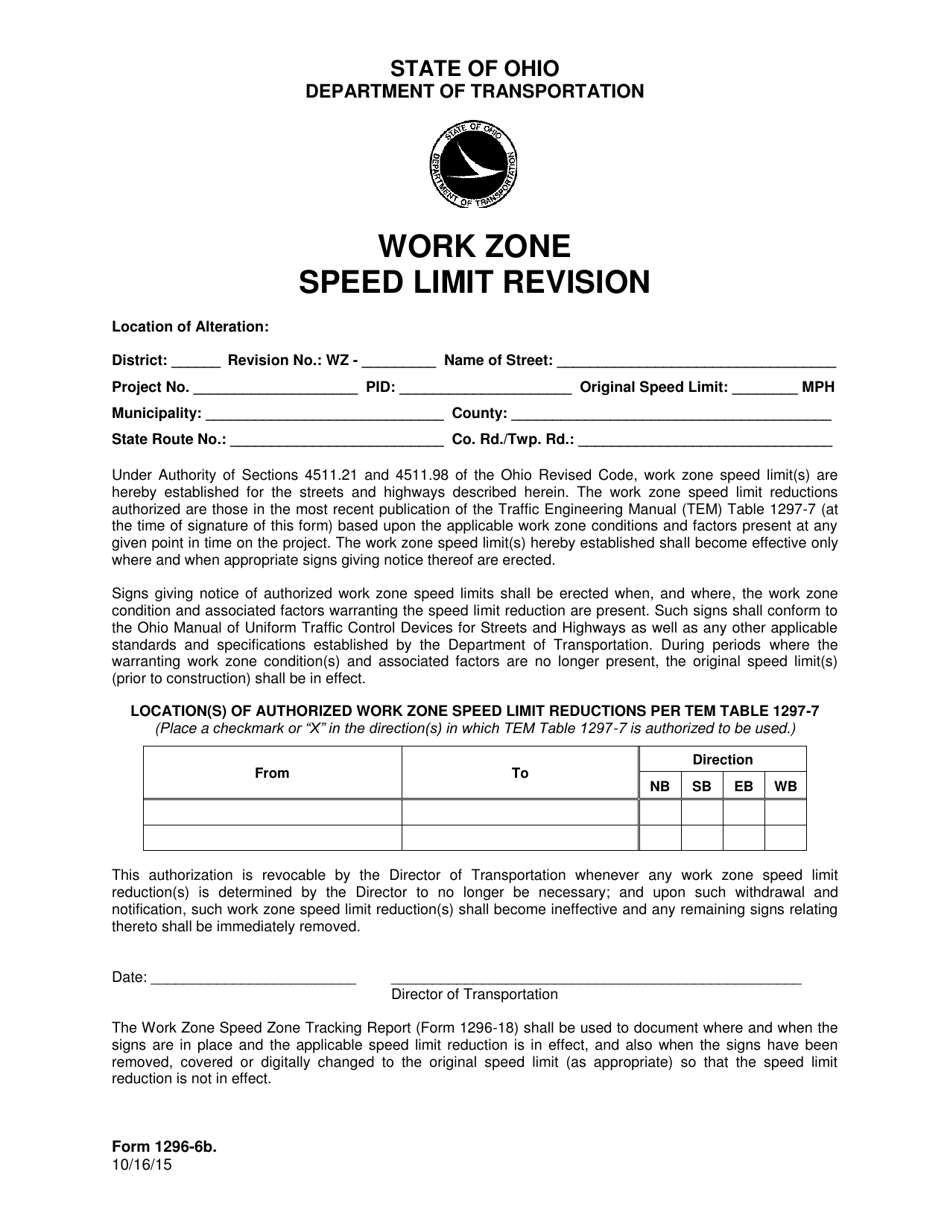Form 1296-6B Work Zone Speed Limit Revision - Ohio, Page 1