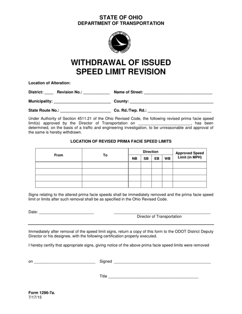 Form 1296-7A Withdrawal of Issued Speed Limit Revision - Ohio