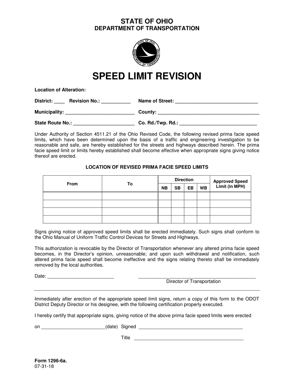 Form 1296-6A Speed Limit Revision - Ohio, Page 1