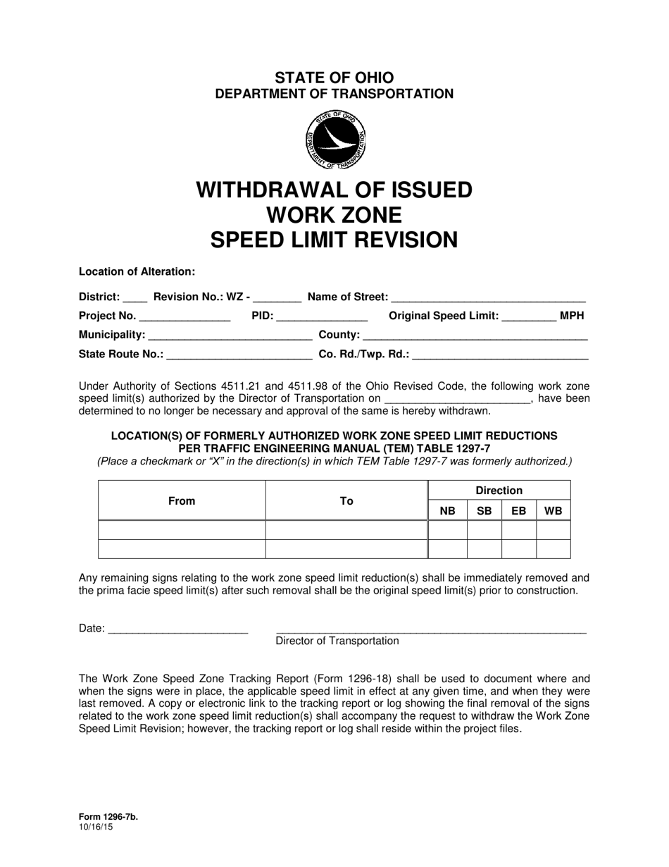 Form 1296-7B Withdrawal of Issued Work Zone Speed Limit Revision - Ohio, Page 1