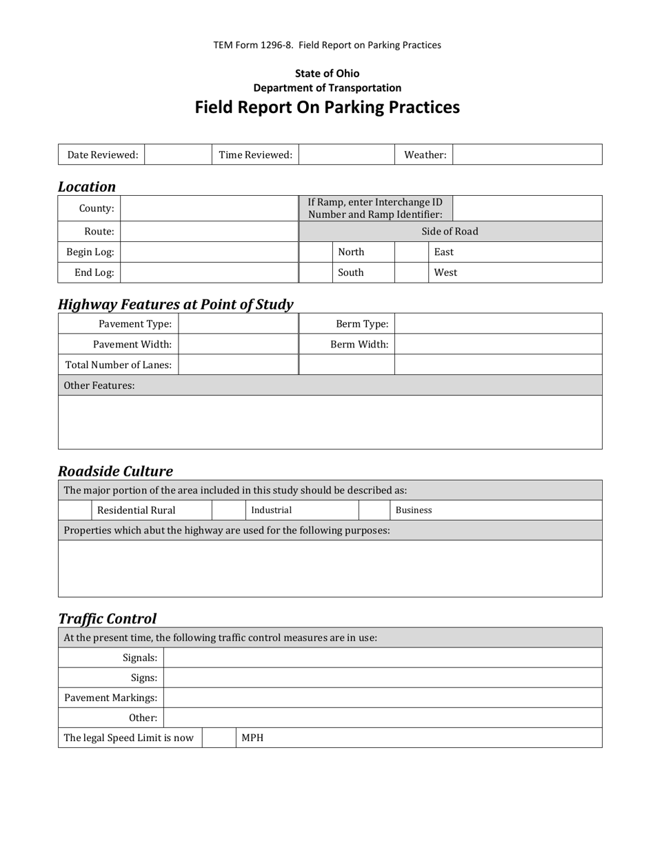 TEM Form 1296-8 Field Report on Parking Practices - Ohio, Page 1
