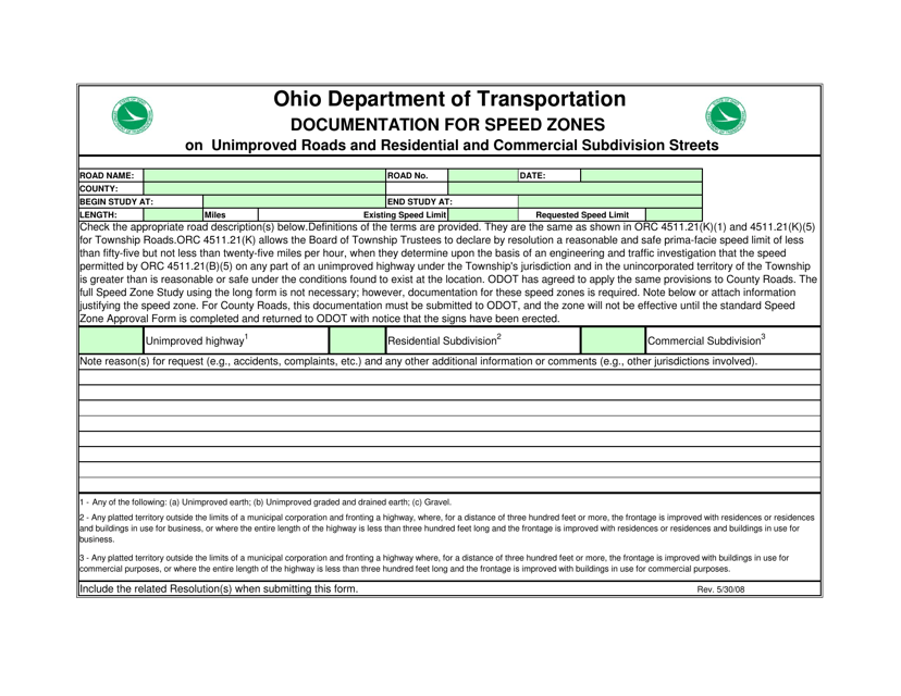 Documentation for Speed Zones on Unimproved Roads and Residential and Commercial Subdivision Streets - Ohio