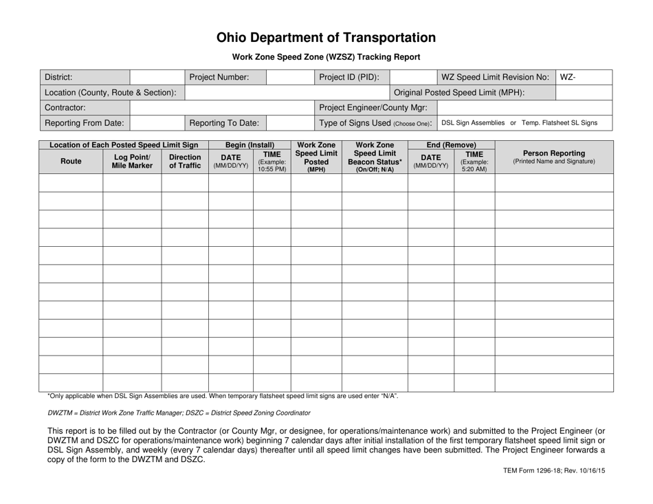 TEM Form 1296-18 Work Zone Speed Zone (Wzsz) Tracking Report - Ohio, Page 1