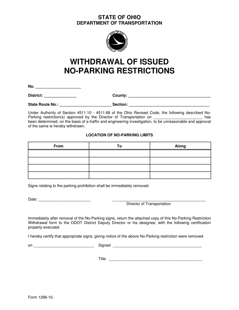 Form 1296-10 Withdrawal of Issued No-Parking Restrictions - Ohio, Page 1