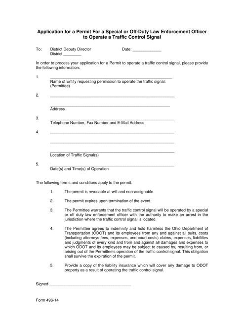 Form 496-14 Application for a Permit for a Special or off-Duty Law Enforcement Officer to Operate a Traffic Control Signal - Ohio