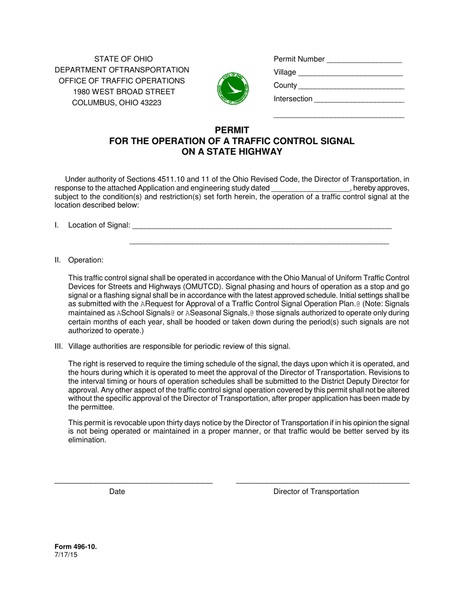 Form 496-10 Permit for the Operation of a Traffic Control Signal on a State Highway - Ohio, Page 1