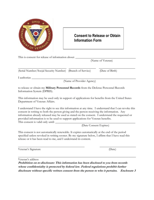 Consent to Release or Obtain Information Form - Ohio Download Pdf