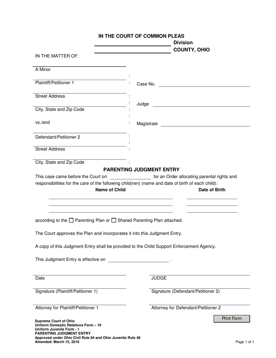 Uniform Domestic Relations Form 19 (Uniform Juvenile Form 1) Parenting Judgment Entry - Ohio, Page 1