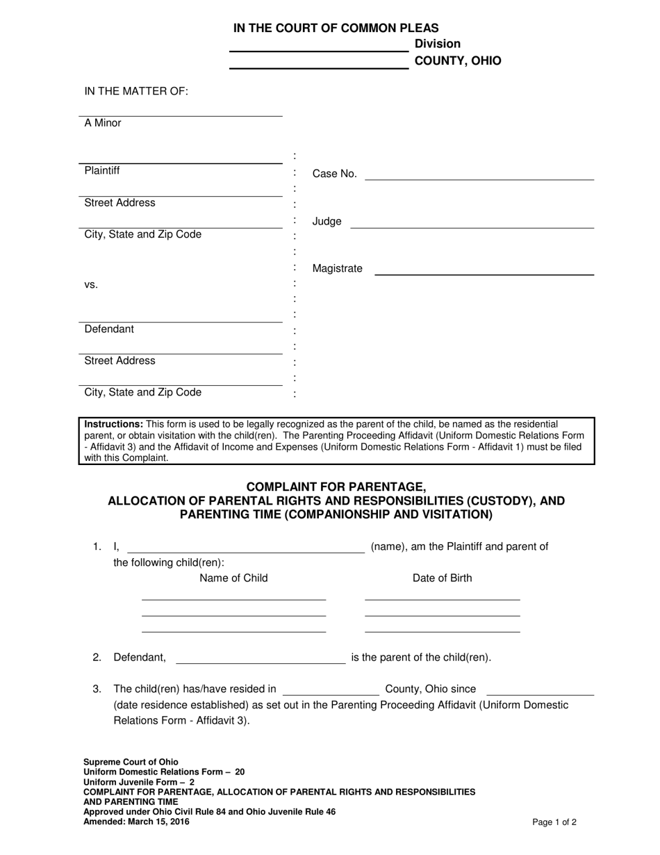 Uniform Domestic Relations Form 20 (Uniform Juvenile Form 2) Complaint for Parentage, Allocation of Parental Rights and Responsibilities (Custody), and Parenting Time (Companionship and Visitation) - Ohio, Page 1
