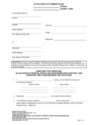 Document preview: Uniform Domestic Relations Form 20 (Uniform Juvenile Form 2) Complaint for Parentage, Allocation of Parental Rights and Responsibilities (Custody), and Parenting Time (Companionship and Visitation) - Ohio