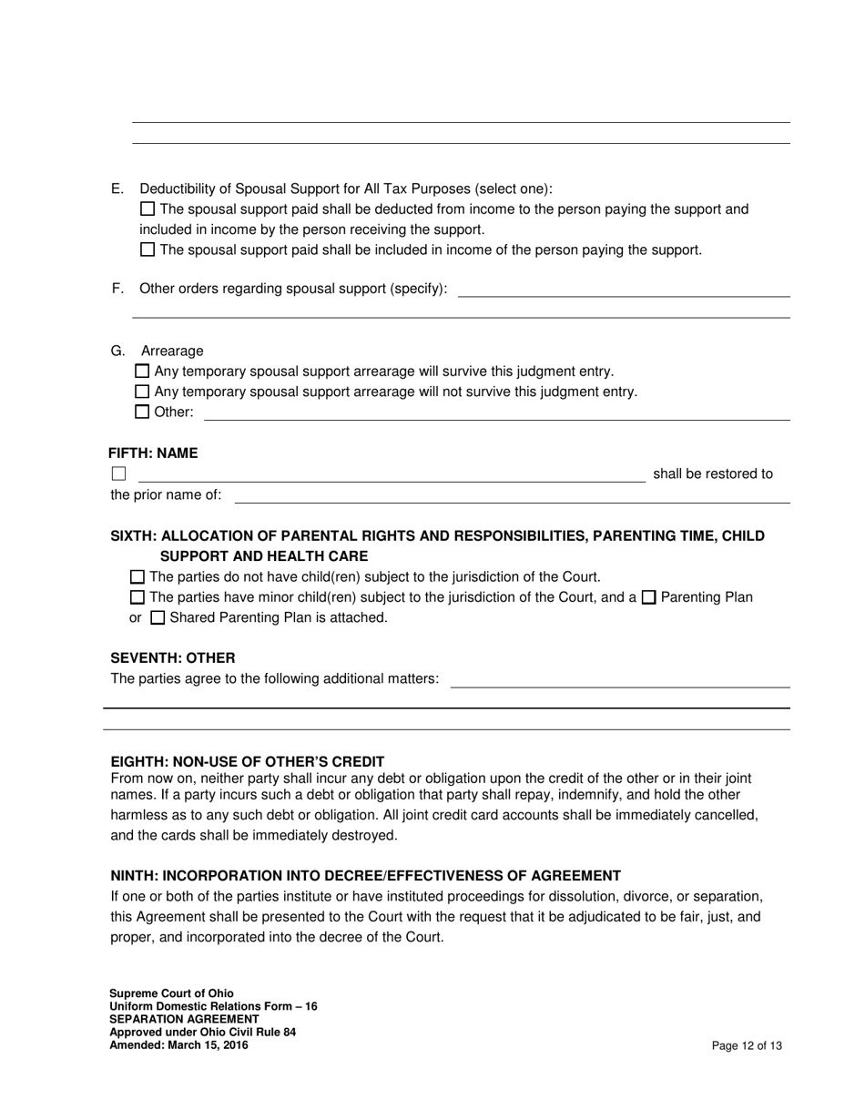 Uniform Domestic Relations Form 16 Separation Agreement - Ohio, Page 12