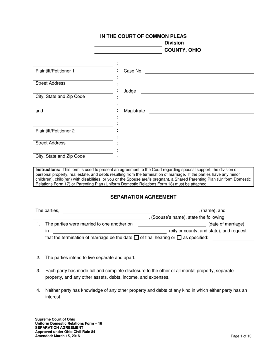 Uniform Domestic Relations Form 16 Separation Agreement - Ohio, Page 1