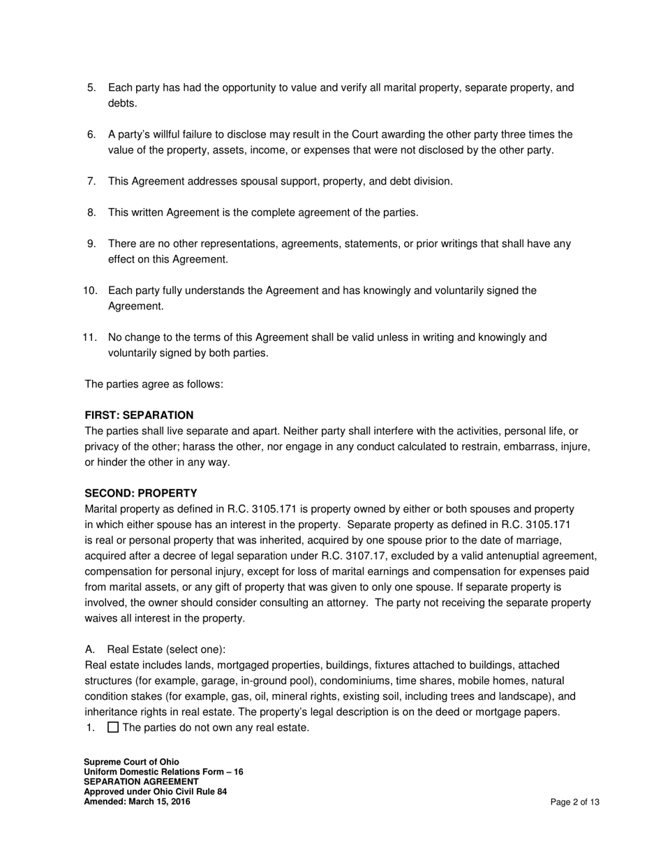 Uniform Domestic Relations Form 16 Separation Agreement - Ohio, Page 2