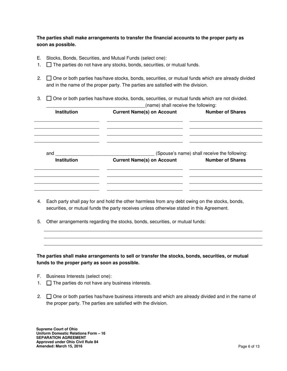 Uniform Domestic Relations Form 16 Separation Agreement - Ohio, Page 6