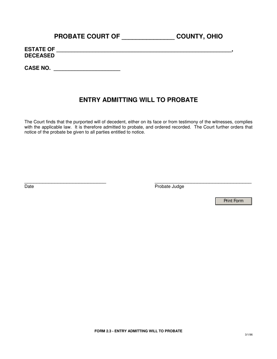 Form 2.3 Entry Admitting Will to Probate - Ohio, Page 1