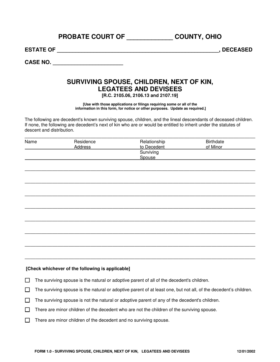 Form 1 0 Download Fillable Pdf Or Fill Online Surviving Spouse Children Next Of Kin Legatees And Devisees Ohio Templateroller