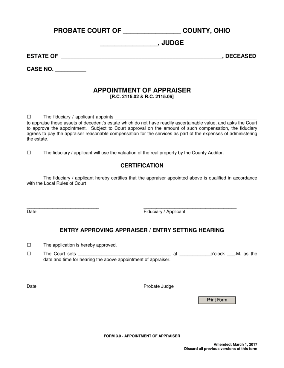 Form 3.0 Appointment of Appraiser - Ohio, Page 1