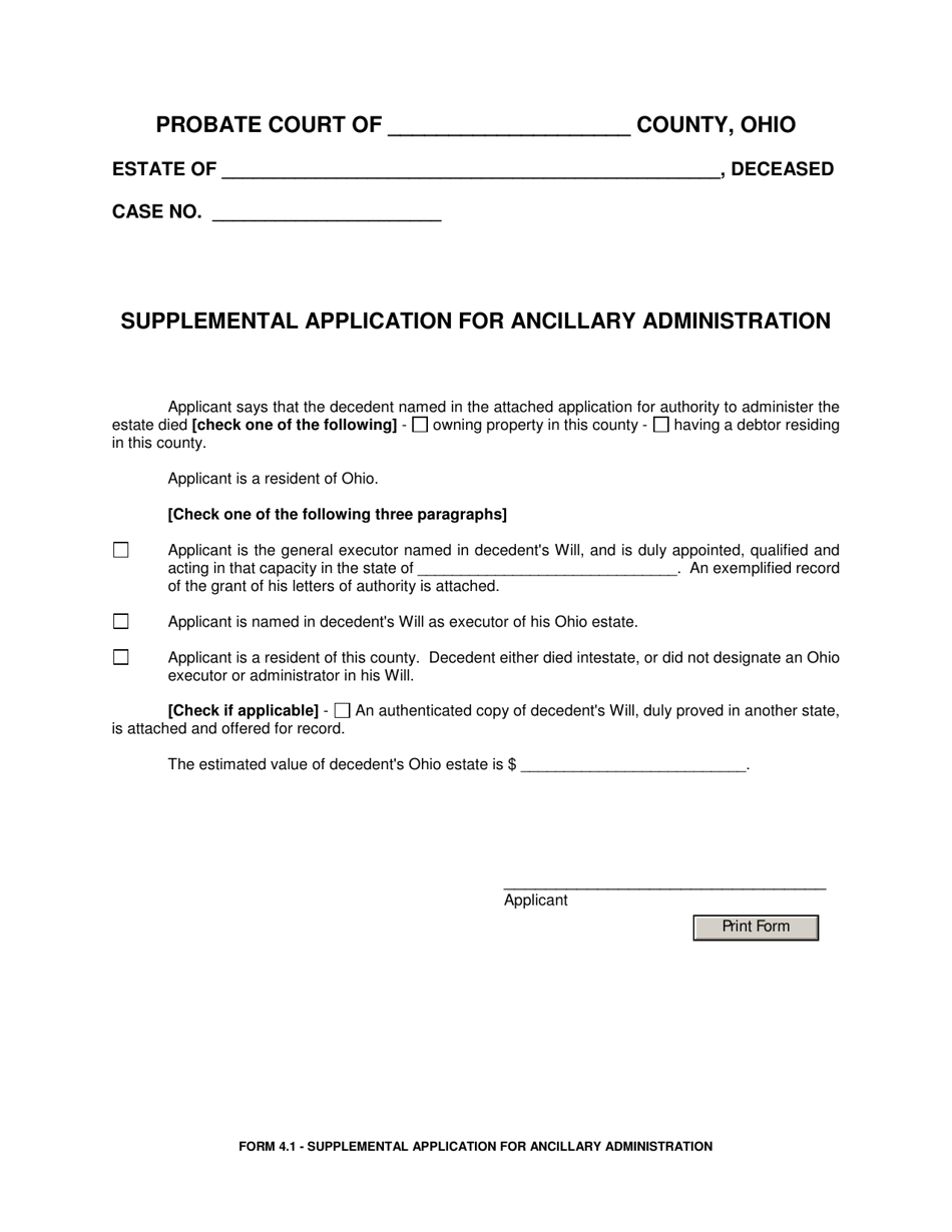 Form 4.1 Supplemental Application for Ancillary Administration - Ohio, Page 1