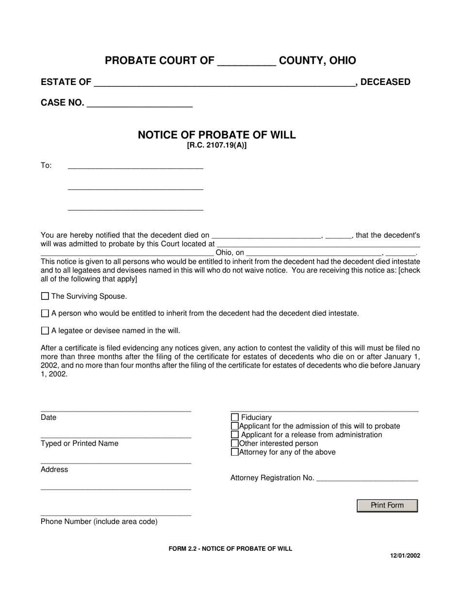 Form 2.2 Notice of Probate of Will - Ohio, Page 1