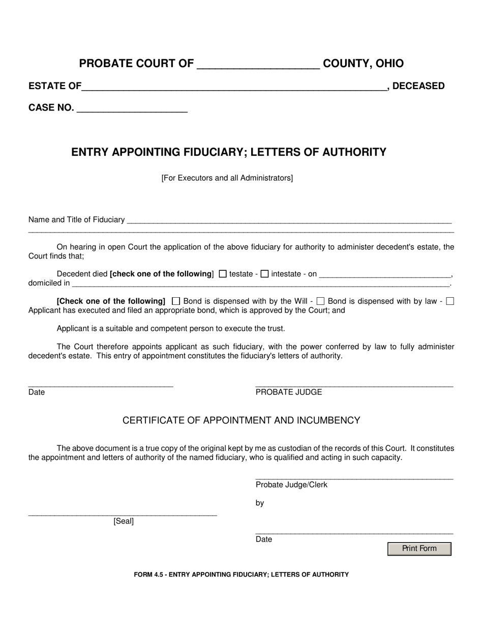 Form 4.5 Entry Appointing Fiduciary; Letters of Authority - Ohio, Page 1