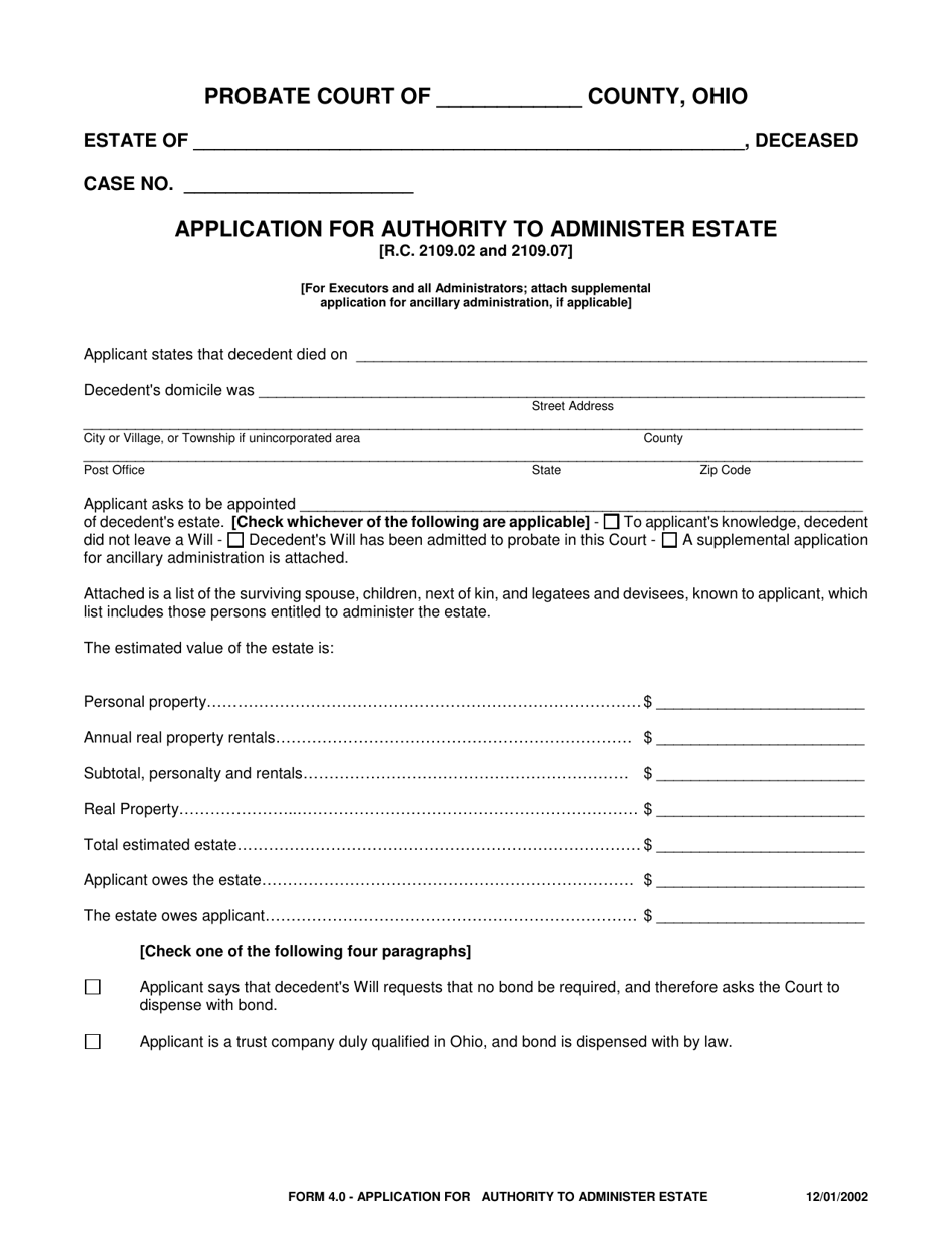 Form 4.0 Application for Authority to Administer Estate - Ohio, Page 1