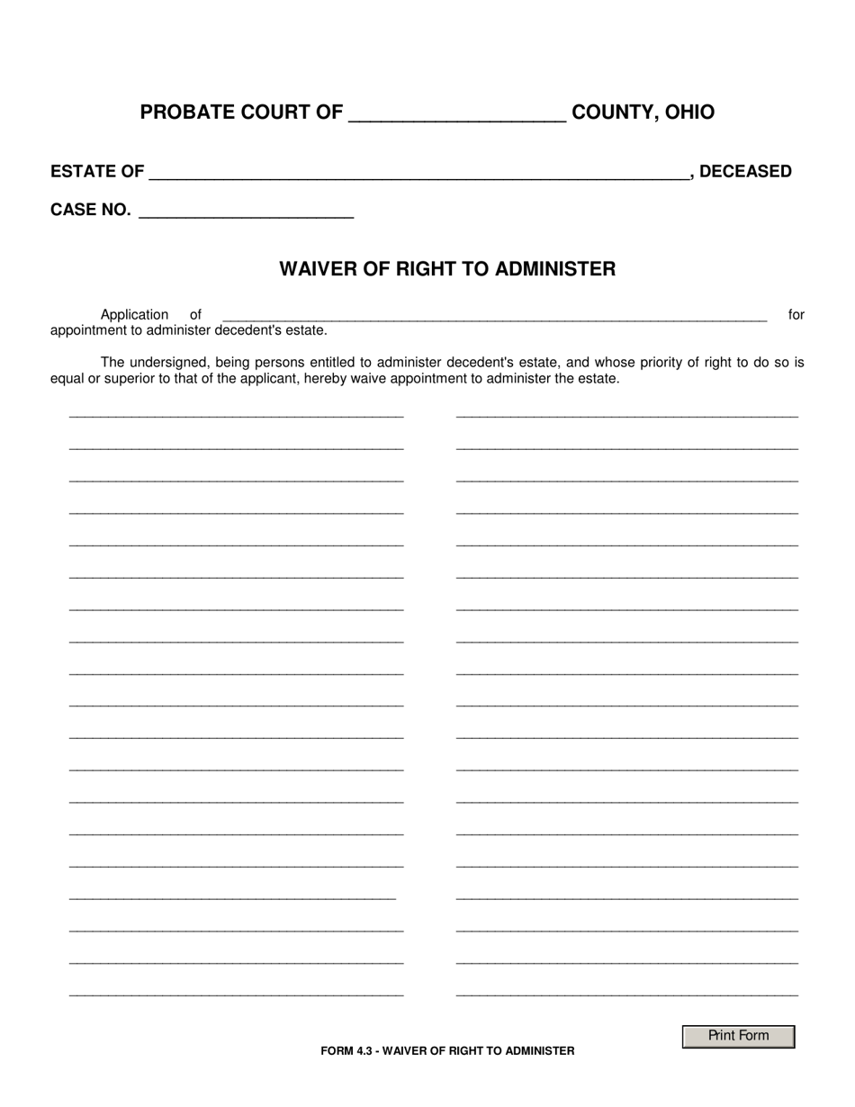 Form 4.3 Waiver of Right to Administer - Ohio, Page 1